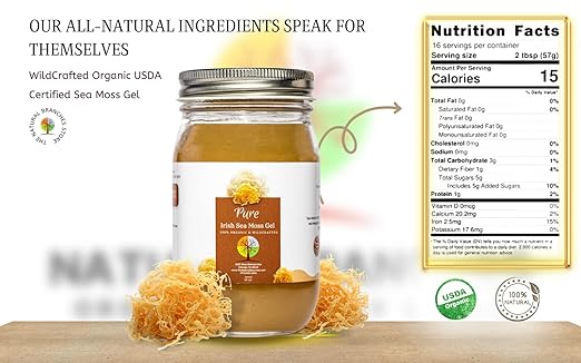 Organic &amp Pure Golden Sea Moss Gel from Saint Lucia16oz - USDA Certified Organic &amp Made in The USA - All Natural &amp Wildcrafted Seamoss Gel - Daily Multi-Vitamin