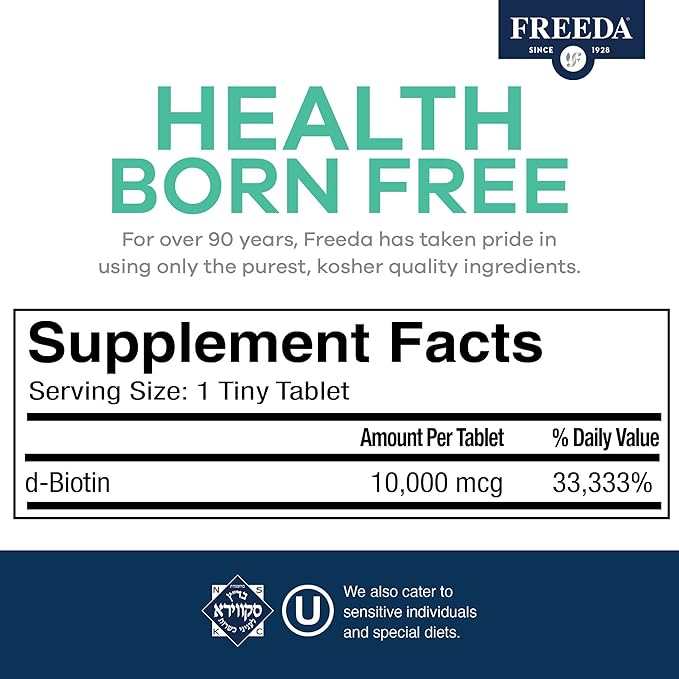 FREEDA Biotin 10000 mcg – Kosher Hair Skin &amp Nails Supplement – High-Potency B7 for Hair Growth &amp Strong Nails – Vegan Tablets with D-Biotin – 100 Tiny Tablet