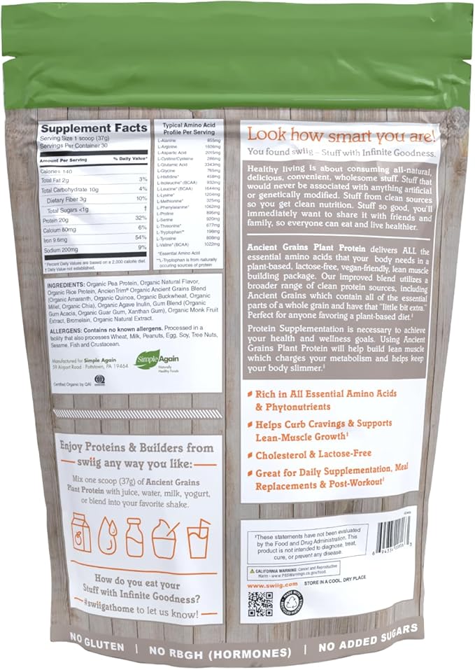 swiig Organic Ancient Grains Plant Protein Powder Vanilla Flavor 2.7 lb Vegan Gluten-Free Dairy-Free Lactose-Free