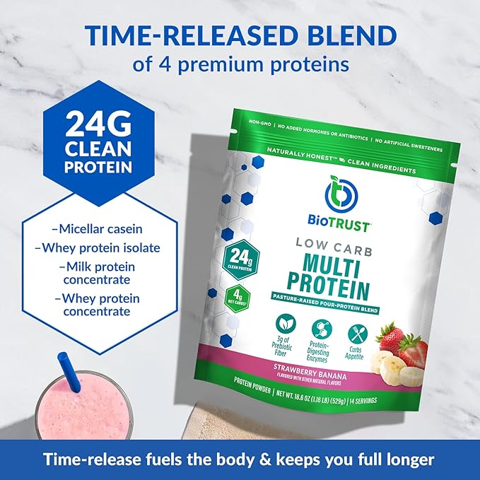 BioTrust Low Carb Protein Powder – Delicious Whey &amp Casein Blend from Grass-Fed Hormone Free Cows – Non GMO Gluten Free (Strawberry Banana)