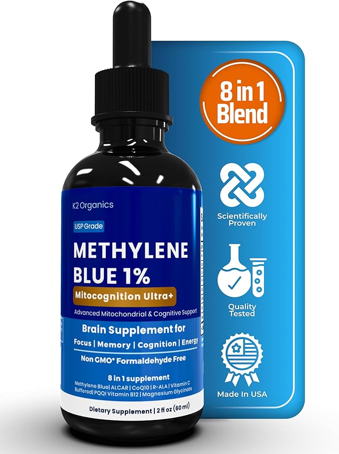 Methylene Blue Drops 2oz-MitoCognition Ultra+ 8-in-1 Pharmaceutical Grade 1% Solution Support Focus Memory Cognition and Energy–No Formaldehyde Third-Party Tested Brain Health Supplement for Humans