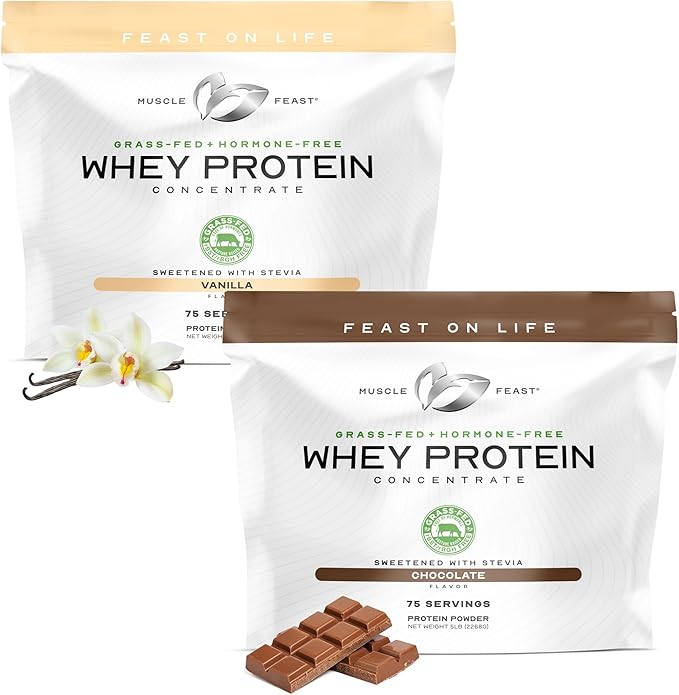 Muscle Feast Grass-Fed Whey Protein Concentrate Bundle – Vanilla &amp Chocolate 5lb Each (10lb Total) – All Natural Hormone-Free Pasture Raised High Protein Powder for Muscle Recovery &amp Growt