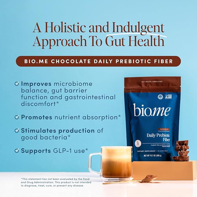 Bio.me Daily Prebiotic Fiber Powder Chocolate - 7g Per Serving - Soluble &amp Insoluble Fiber Supplement Powder for Women &amp Men - Digestive Health &amp Gut Health - GLP-1 Friendly Sugar Free -