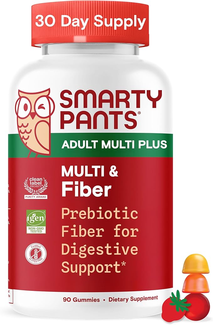 SmartyPants Fiber Supplement &amp Multivitamin for Men &amp Women Prebiotic Fiber Gummies with Omega 3 (DHA/EPA) Vitamin D3 C Vitamin B12 B6 A K &amp Zinc 90 Count (30 Day Supply)