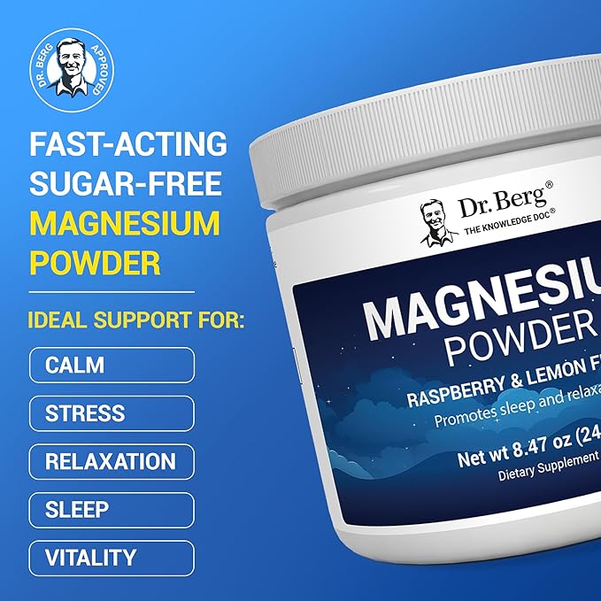 Dr. Berg Magnesium Glycinate Powder for Sleep Relaxation &amp Stress Relief - Now Includes Vitamin D3 &amp Zinc - Delicious Raspberry &amp Lemon Flavor (50 Servings) Magnesium Powder - Magnesium
