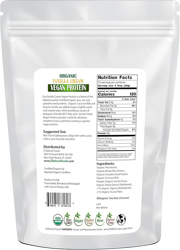 Z Natural Foods Organic Vanilla Cream Vegan Protein Powder 5 lbs