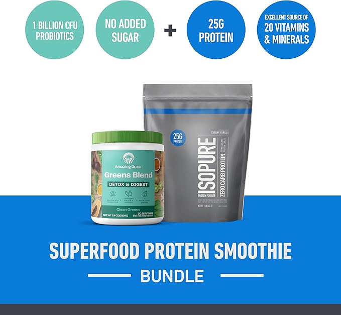 Build Your Smoothie Immunity Bundle with Isopure Zero Carb Creamy Vanilla Protein Powder (15 Servings) and Amazing Grass Greens Blend Detox &amp Digest (30 Servings)