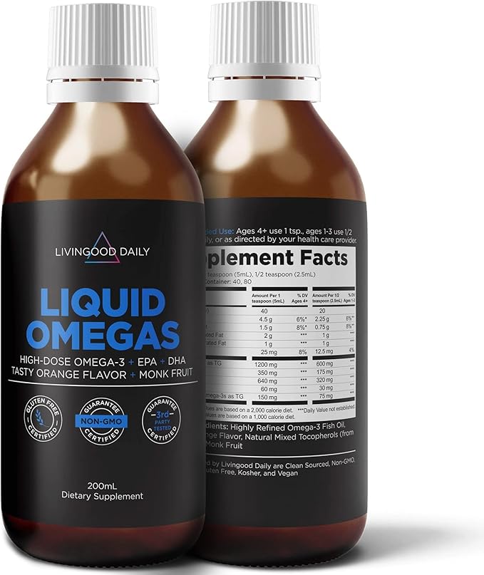 Livingood Daily Liquid Omega 3 Fish Oil EPA &amp DHA Supplement with Monk Fruit &amp Orange Flavor Supports Heart Joint &amp Brain Health Fish Oil for Men &amp Women Non GMO Gluten Free 200