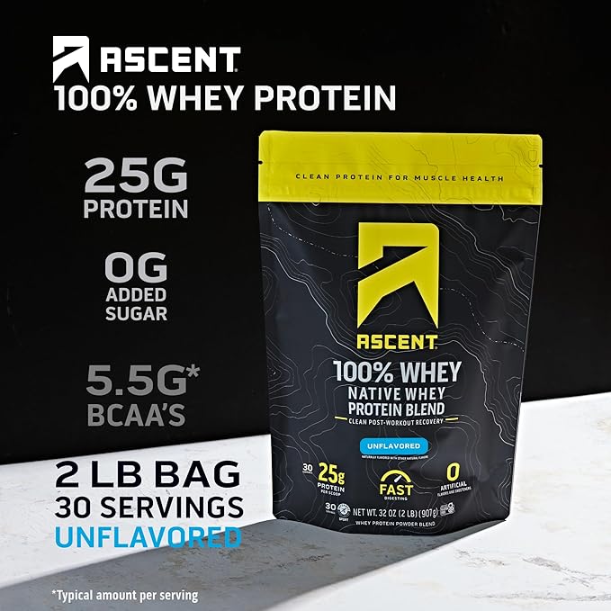 Ascent 100% Whey Protein Powder - Post Workout Whey Protein Isolate Zero Artificial Flavors &amp Sweeteners Gluten Free 5.5g BCAA 2.6g Leucine Unflavored 2 lb