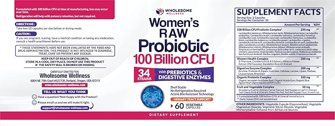 Wholesome Wellness Dr. Formulated Raw Probiotics for Women 100 Billion CFUs Capsules with Prebiotics Digestive Enzymes Approved for Adults Shelf Stable Supplement
