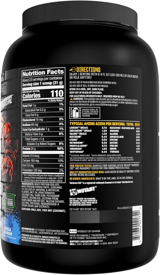 Mutant Hardcore ISO Whey Protein Isolate Powder Acts Fast to Help Recover Build Muscle Bulk and Strength 1.6 lb Vanilla Ice Cream