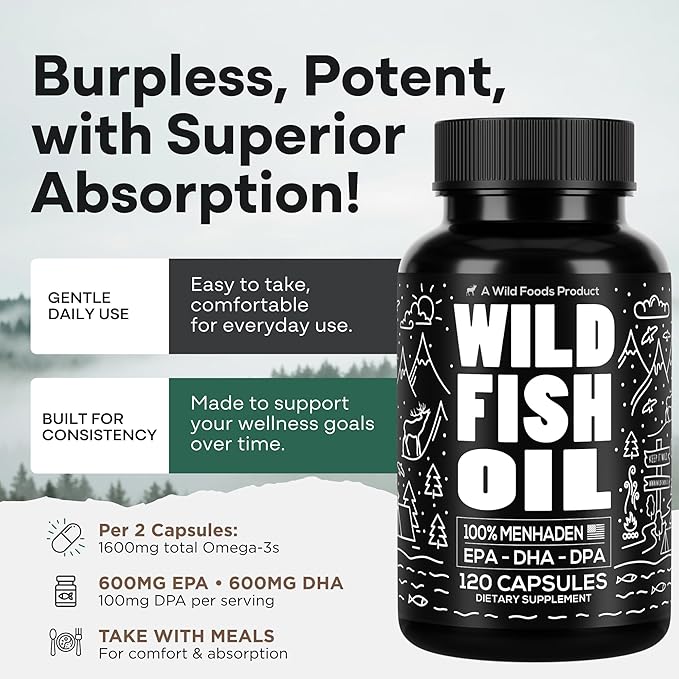 Wild Foods Omega 3 Fish Oil Supplement 120 Capsules (1 pk) | Wild Caught Burpless Odorless Non-GMO Gluten Free | DPA DHA EPA Triple Strength Heart &amp Joint Nutrition for Women &amp Men