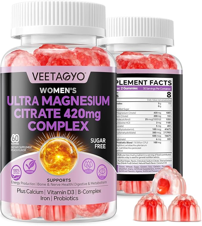 Magnesium Citrate Gummies 420mg for Adult - Dual Layer - w/10 Billion CFU - 5 Strains Probiotics &amp Calcium D3 Biotin Iron B6 B12 Folate Support for Bone Nerve Relaxation Muscle - Vegan 6
