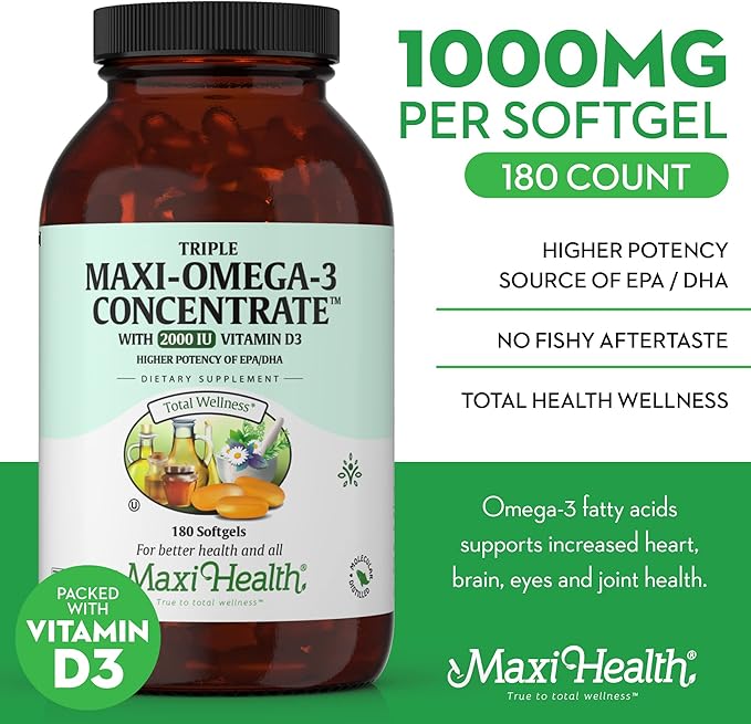 Maxi Health Triple Omega 3 Fish Oil Concentrate with 2000 IU Vitamin D3 – Enteric Coated Fish Oil Omega 3 Supplements with High EPA DHA for Heart Brain Joint and Eye Support Kosher 180 Softgels