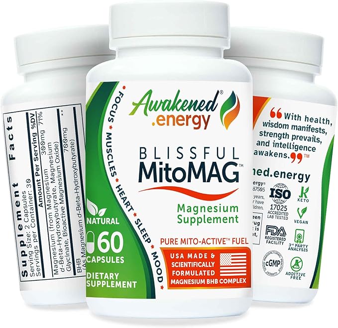 Blissful MitoMag – 300mg Elemental Magnesium Complex: Mg Glycinate Mg BHB - Sleep Muscles Mood Energy Cognitive Focus Calm – All Natural USA Made No Additives – 60 Vegan Capsules Supplement