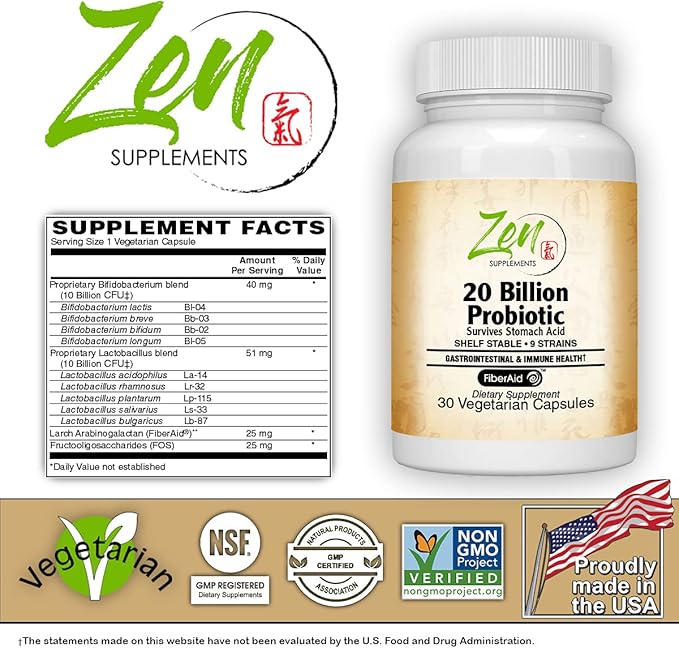 20 Billion CFU 9 Strain Multi-Probiotic 30-Vegcaps -Sustained Release Technology Resist Stomach Acid Shelf Stable - Support for Healthy Digestion &amp Intestinal Ecology Favorable Intestinal Flora