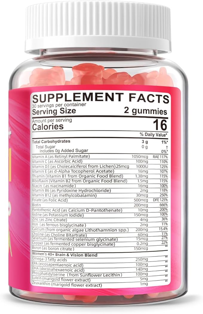 Multivitamin for Women Gummies for 40+ with Omega-3 Niacinamide B-Complex Lutein Iron Choline Phosphatidylserine Vitamin D3 - Vegan Sugar Free 60Count