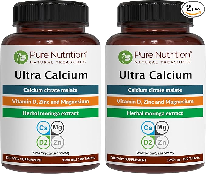 Pure Nutrition Ultra Calcium 1000mg with VIT D3 + K2 | 240 Tabs (120 X Pack of 2) | Calcium Supplement with Calcium Citrate Malate VIT D3 K2 Moringa Oleifera Magnesium and Zinc.