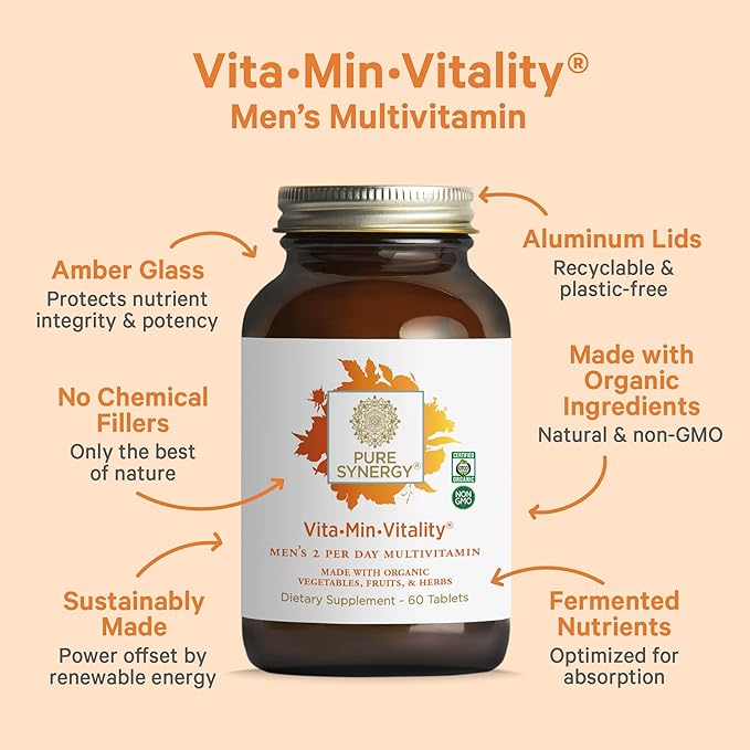 PURE SYNERGY Vita·Min·Vitality | Natural Multivitamin for Men | Men’s Daily Multivitamin Made with Organic Whole Foods | for Energy Stress and Immune Support (60 Tablets)