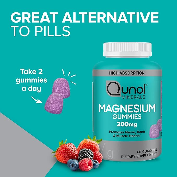Qunol Magnesium Gummies for Adults Qunol 200mg Magnesium Citrate Gummies High Absorption Magnesium Supplement Supports Nerve Health Bone Health Muscle Health Vegetarian 60 Count Pack of 2