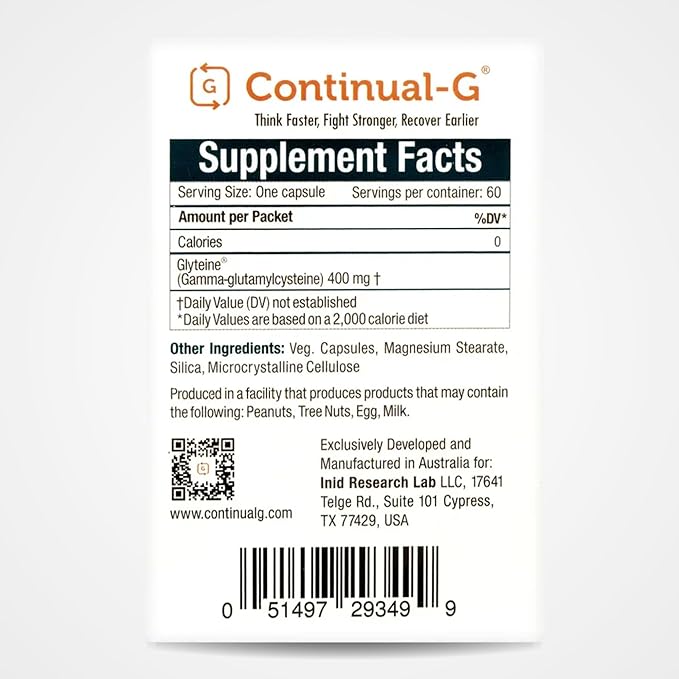 CONTINUAL - G Glyteine 400 mg Capsules | Cellular‑Enhancing Glutathione Supplement | Powerful Antioxidant Support | 60‑Day Supply (120 Capsules)