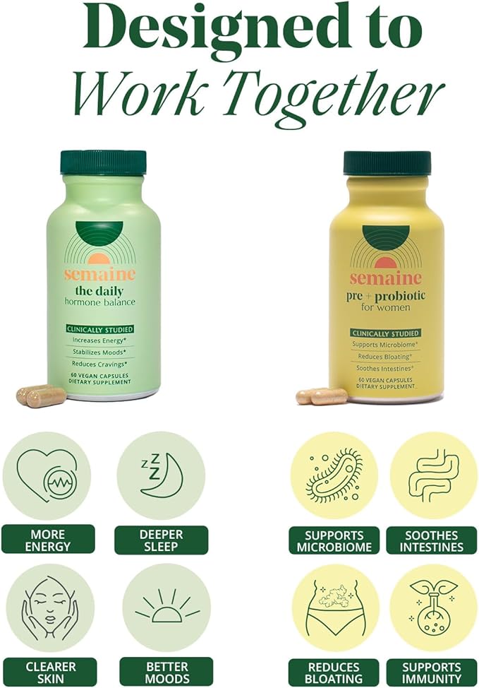Semaine Hormonal Gut Balance Bundle - Support Cellular Energy Clear Skin &amp Mood. Ease Bloating &amp Indigestion Support Vaginal Health | 1 Month Supply