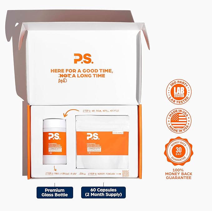 PS Longevity Supplement – Anti-Aging Multivitamin for Men &amp Women – Premium Methylated B Vitamins CoQ10 NR Urolithin A &amp Natural Antioxidants – Cellular Health Energy &amp Memory – 2 Mont