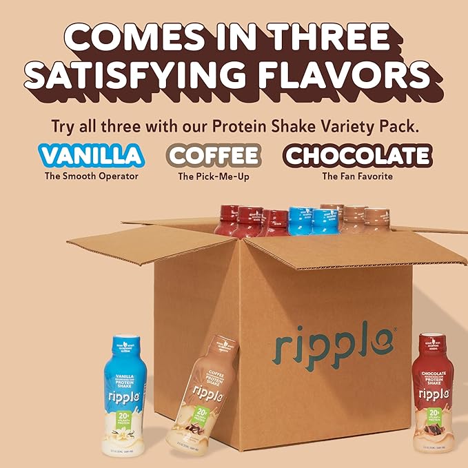 Ripple Vegan Protein Shake | Chocolate | 20g Nutritious Plant Based Pea Protein | Shelf Stable | No GMOs Soy Nut Gluten Lactose | 12 Oz 12 Pack