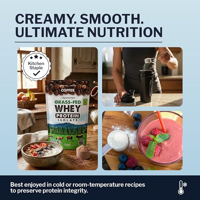 Opportuniteas Grass Fed Coffee Whey Protein Isolate Powder - 27g Protein Powder Without Artificial Sweeteners 60mg Caffeine Hormone-Free Cows - 5lb