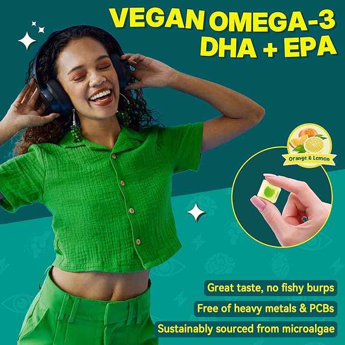 2 Pack Algae Omega 3 Gummies 1000mg Plant Based DHA 460mg &amp EPA 230mg Omega 3 Fish Oil Alternative for Adults Plus MethylFolate Vitamin B12 Phosphatidylserine No Fishy Taste Vegan Sugar Fr