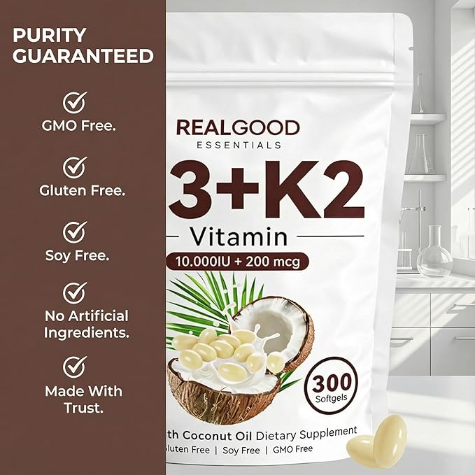 Real Good Essentials Vitamin D3 K2 D3 K2 Vitamin 10000 Iu Extra Strength 2-In-1 D&ampK Complex with Virgin Coconut Oil Free Of Gmo Gluten Soy Bone Health Supports Calcium Absorption 300 Softg