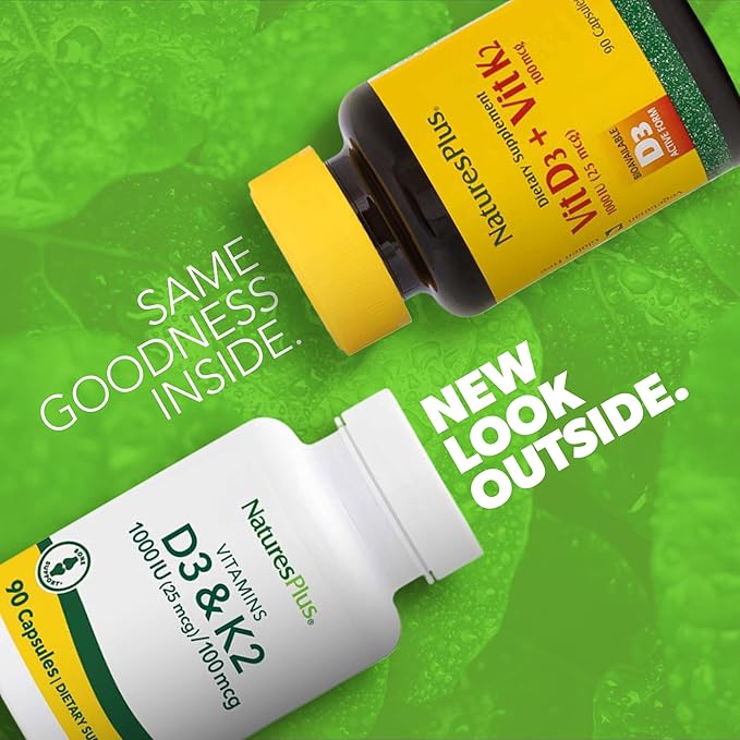 NaturesPlus Vitamins D3 (1000 IU) &amp K2 (100 mcg) - Vegetarian Gluten Free - 90 Capsules 90 Servings