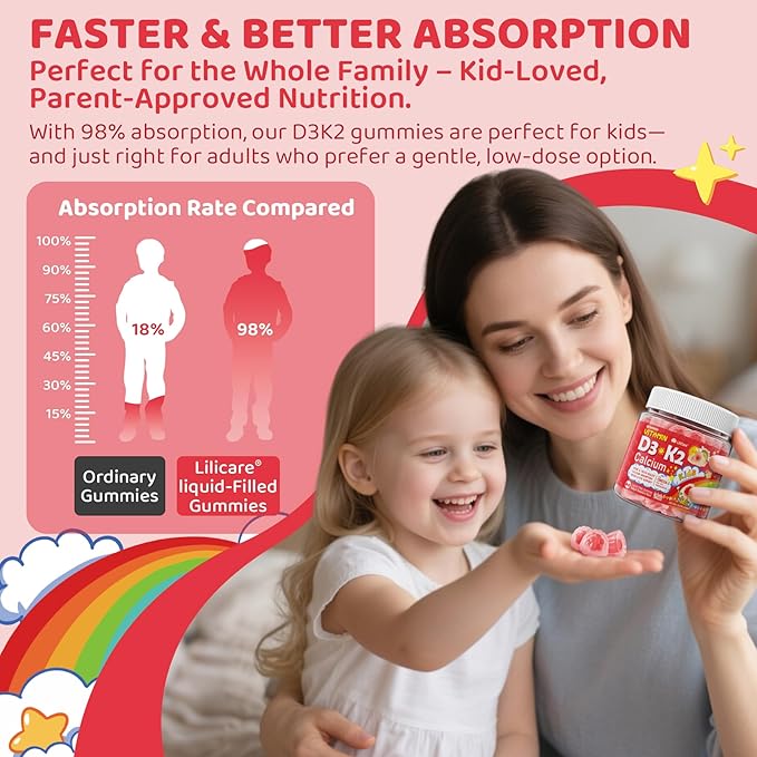 Vitamin D3 K2 + Calcium Liquid-filled Gummies for Kids &amp Teens 1000IU / 2000IU D3 with Magnesium Algal Omega 3 Kids Vitamins for Bones &amp Teeth Calcium Absorption Brain Immune Sugar-Free