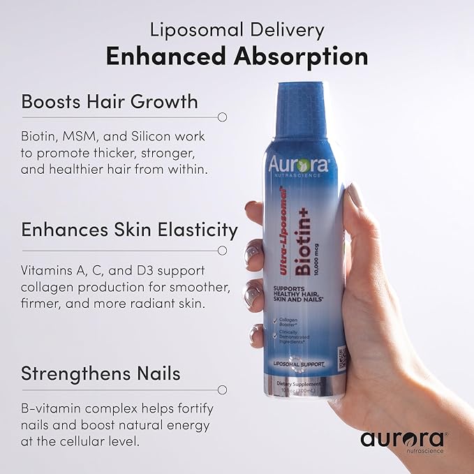 Vida Lifescience Aurora Nutrascience Ultra-Liposomal Biotin 10000 mcg Collagen Booster Supplement Supports Healthy Hair Skin &amp Nails Caramel Flavor 30 Servings 10 fl oz
