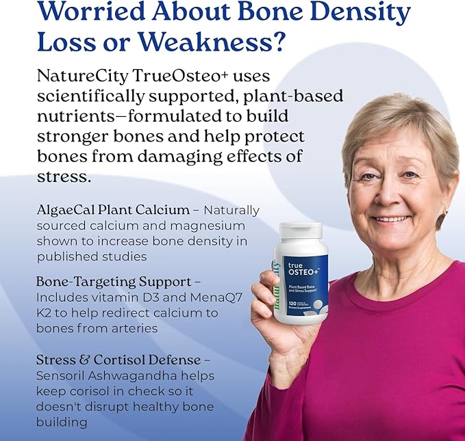 NatureCity True-Osteo Bone Support Supplement – Plant-Based Formula with AlgaeCal Calcium Magnesium Vitamin D3 K2 &amp Silicon | Gentle on Stomach (120 Veggie Capsules)