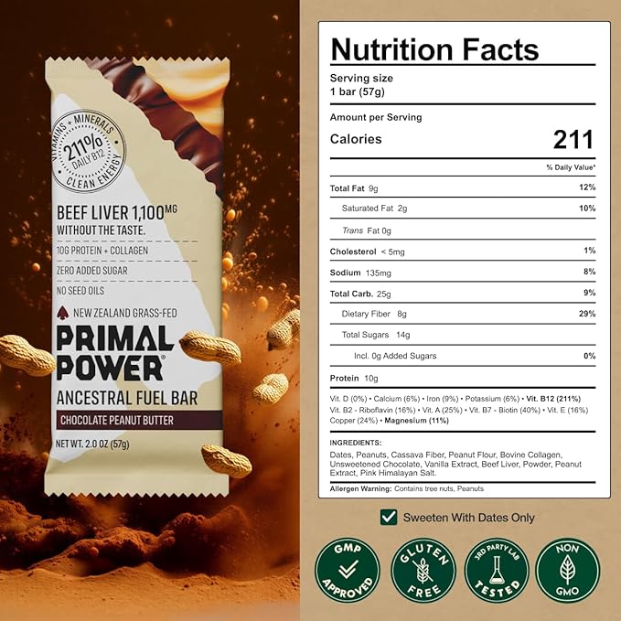 Primal Power Beef Liver Bar 1100mg - New Zealand Grass-Fed 211% DV B12 10g Protein Collagen - Zero Added Sugar No Seed Oils Gluten Free - Chocolate Peanut Butter (12 Pack)