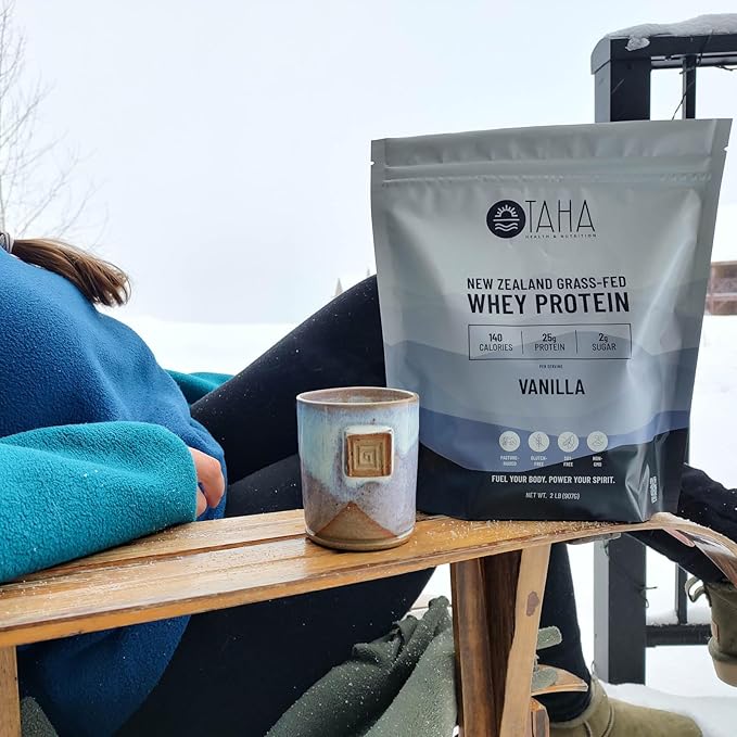 Taha Health &amp Nutrition Vanilla Flavored Whey Protein Concentrate Powder 25g Protein 140 Calories 2g Sugar | New Zealand Grass-Fed Free-Range Dairy | Gluten and Soy Free Keto Kosher | 2LB