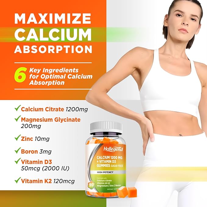 Calcium 1200 mg with Vitamin D3 Gummies Calcium Citrate Chewables with Magnesium Zinc Vitamin K2 Boron Bone Health Sugar Free 60 Count