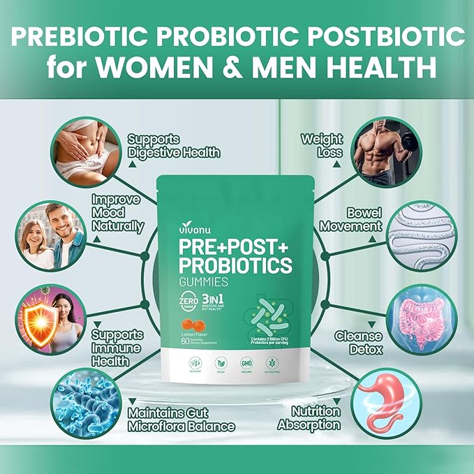 VivoNu Probiotics for Digestive Health Gummies 3 in 1 Intestinal Digestion Contains 2 Billion CFU Probiotic Zinc Magnesium and Vitamin D3 Men's Probiotics for Women Non GMO (120Gummy/2Pack)