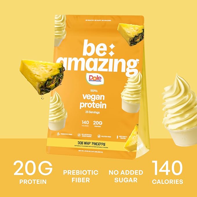 BE AMAZING Vegan Protein Powder Dole Whip Pineapple 20g Plant Based Protein with Prebiotic Fiber Low Carb Dairy and Gluten Free Shake Mix No Added Sugar 29.3 oz 25 Servings