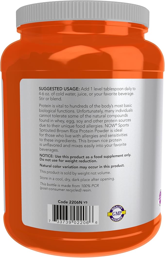 NOW Foods Sports Nutrition Sprouted Brown Rice Protein 80% Protein Unflavored Powder 2-Pound