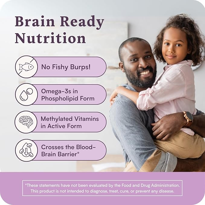 Brain Supplement for Natural Focus &amp Attention | for Kids | Active B Vitamin &amp Omega-3 Combo | Vitamin B Complex w/Omega 3 Fatty Acids EPA &amp DHA | Omega-3s in Small Pill | L-MTHF B12 P5P