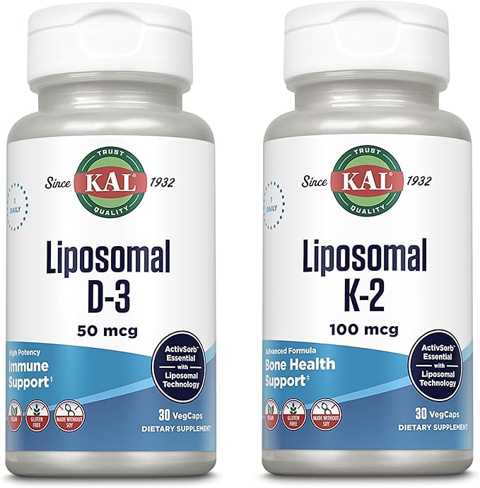 KAL Liposomal Vitamin K2 Plus D3 Supplement Bundle High Absorption Liposomal Technology Vegan Capsules 30 Servings