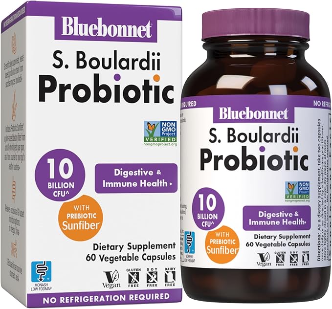 BlueBonnet Nutrition S. Boulardii Probiotic 10 Billion CFU^ w/Prebiotic Sunfiber – Shelf Stable - for Women &amp Men Digestion Gut Mood* - Non-GMO Vegan Free of Gluten Dairy &amp Soy - 30 Servi