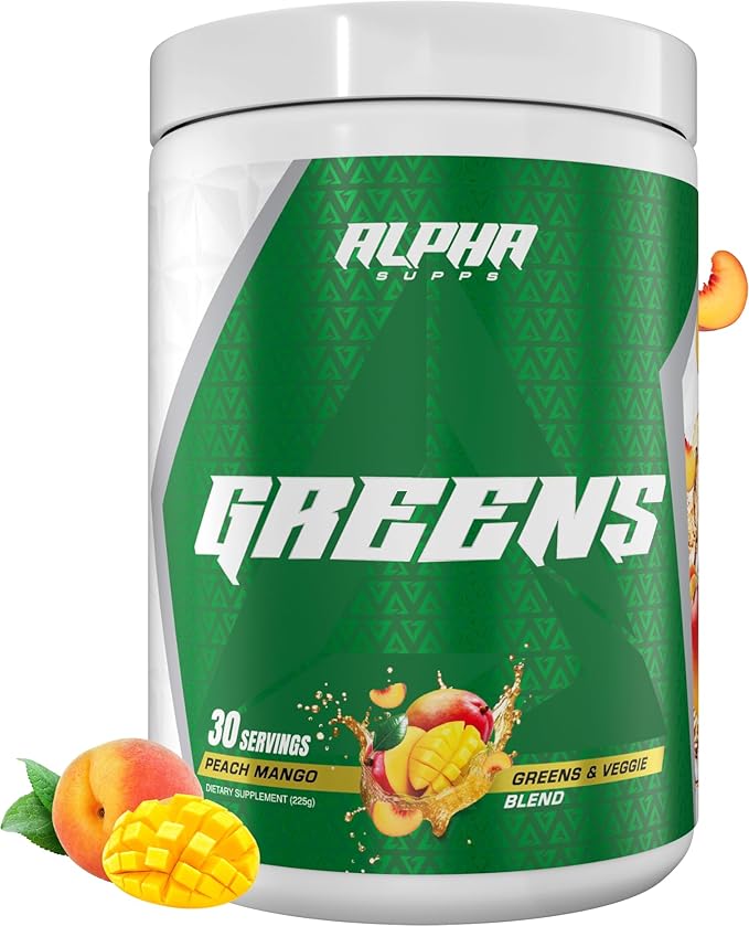 Alpha Supps - Alpha Greens Supplement | Fruit &amp Vegetable Superfood Powder | Over 40 Natural Plant Based Ingredients | Prebiotic &amp Probiotic Digestive Support Blend - 30 Servings (Peach Mango)