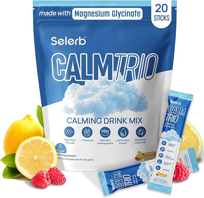 Selerb CalmTrio Magnesium Glycinate Powder Cortisol Drink Mix - No Sugar with L-Theanine Ksm-66® Ashwagandha Lemon Balm Vitamin D3 B6 Supplements for Relax Focus &amp Calm Raspberry Lemon 20 C