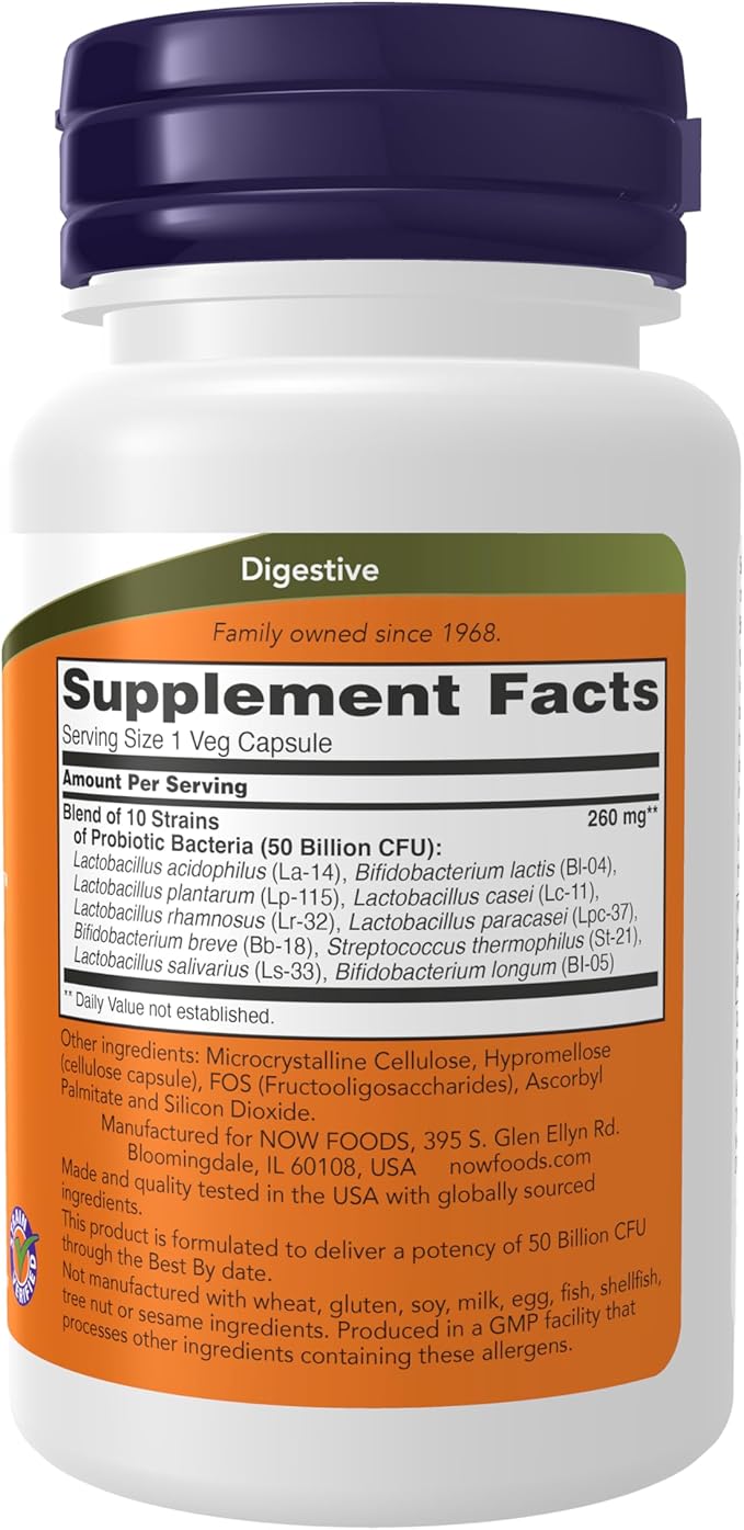 NOW Foods Supplements Probiotic-10™ 50 Billion with 10 Probiotic Strains Strain Verified 50 Veg Capsules
