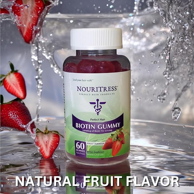 NouriTress Perfect Hair Biotin Gummies - 60 ct. | 5000 mcg | Soft Chew | Supports Healhty Hair Skin and Nails | Strawberry Flavored | Soft Chew | 1 Month Supply