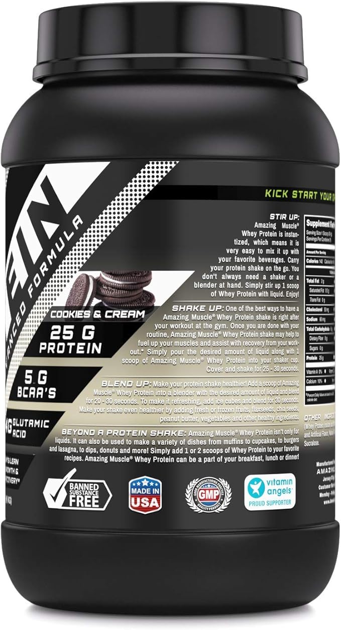 Amazing Muscle Whey Protein Isolate &amp Concentrate Powder | 25 G Protein per Serving | Non-GMO | Gluten-Free (2 LB Cookies &amp Cream)