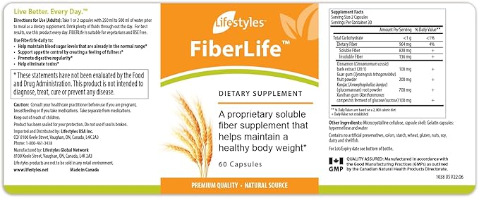 Lifestyles FiberLife Supplement – Soluble Fiber for Digestive Health &amp Cholesterol Support with Konjac Guar Gum Xanthan Gum and Cinnamon – Made in Canada – 60 Capsules (60 Capsules (Pack of 1))